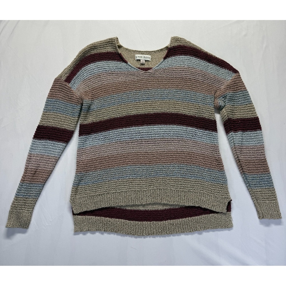 Knox Rose Sweater Womens Medium Multicolor Striped Open Knit Ribbed High Low Hem